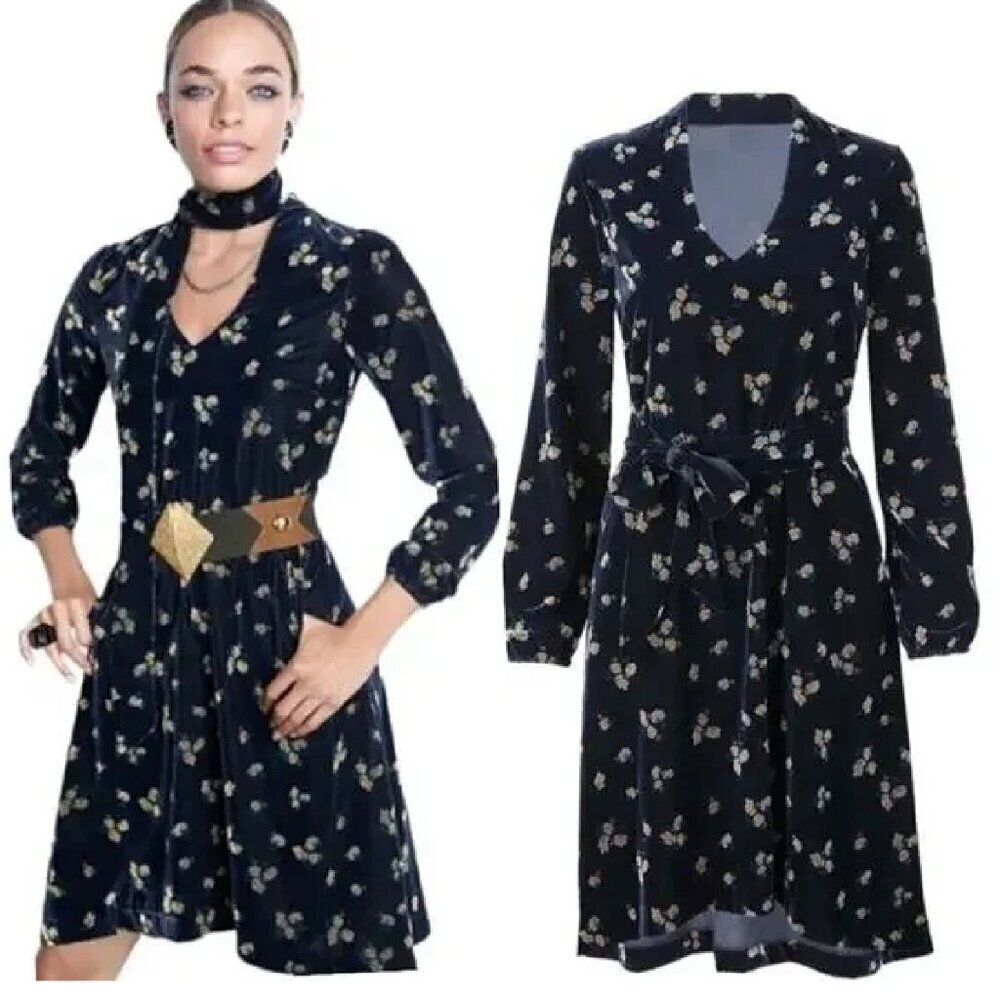 NWOT Cabi‎ Decked Out Dress Navy Floral Velvet With Pockets - Size L